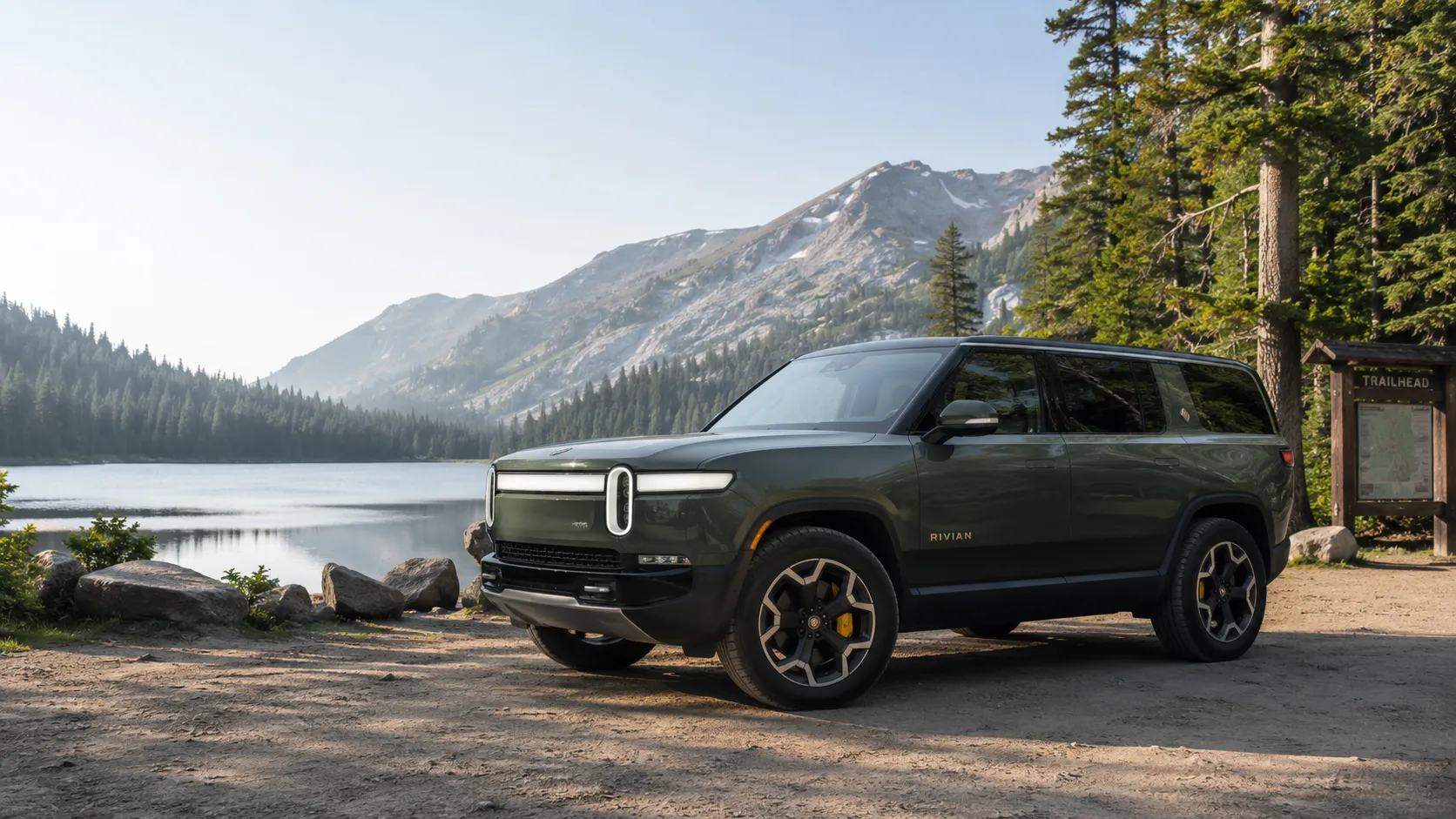 2026 Rivian R1S in LA Silver against a natural backdrop