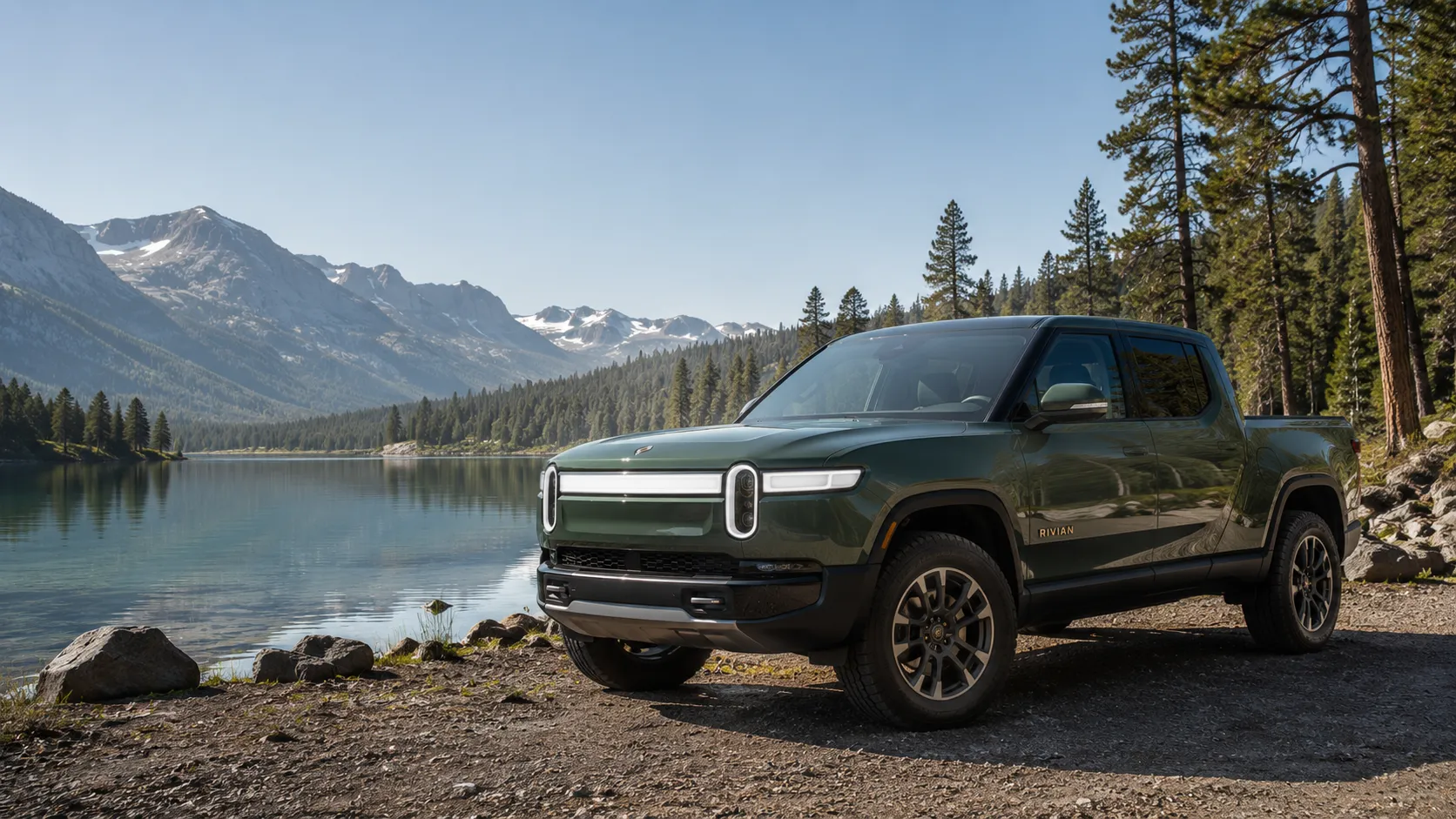 2026 Rivian R1T in LA Silver against a natural backdrop